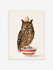 Watercolour illustration of a great horned owl balancing an egg on its head whilst standing in a red and white striped bowl