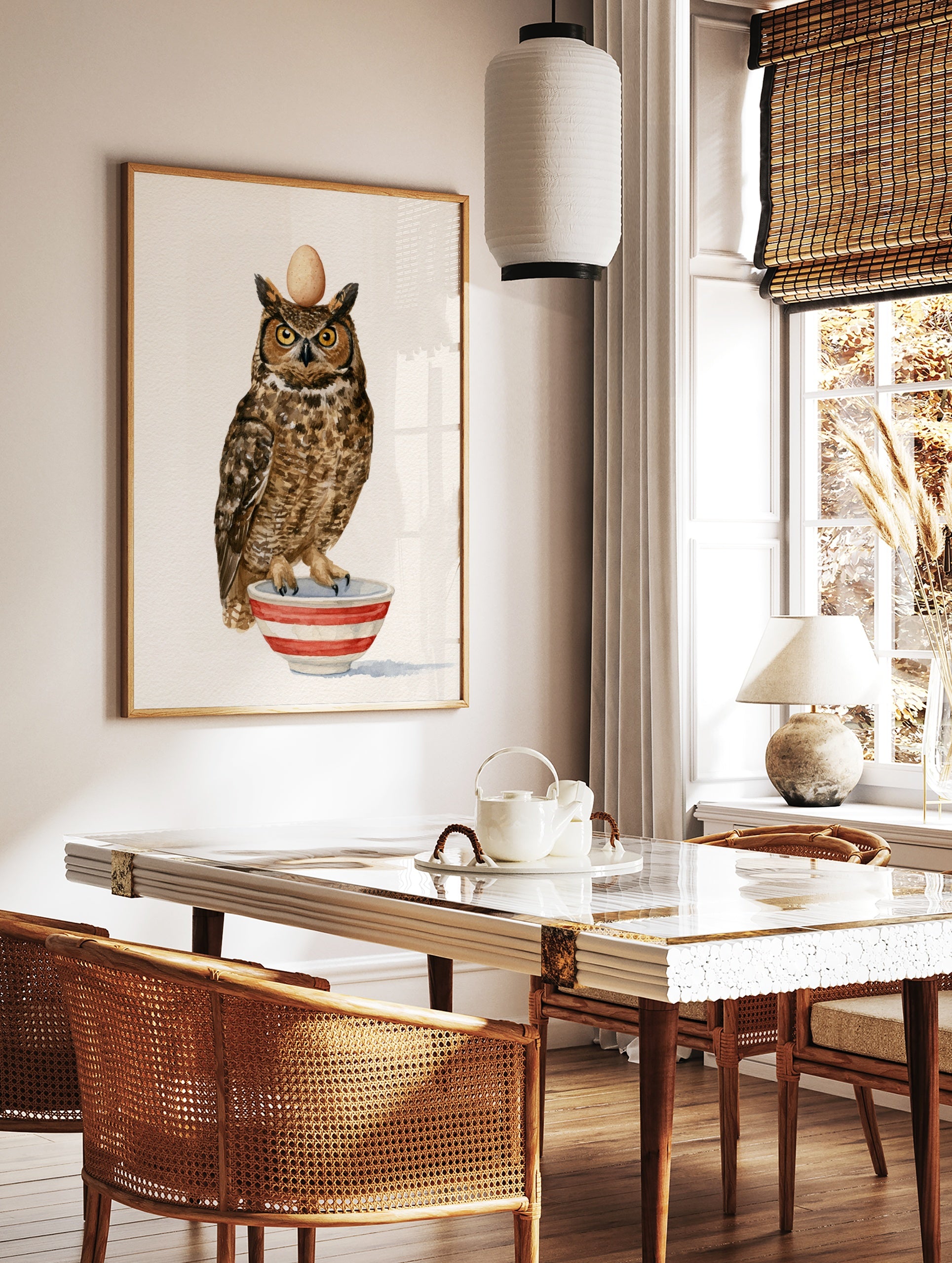 Watercolour illustration of a great horned owl balancing an egg on its head whilst standing in a, in a styled room mockup