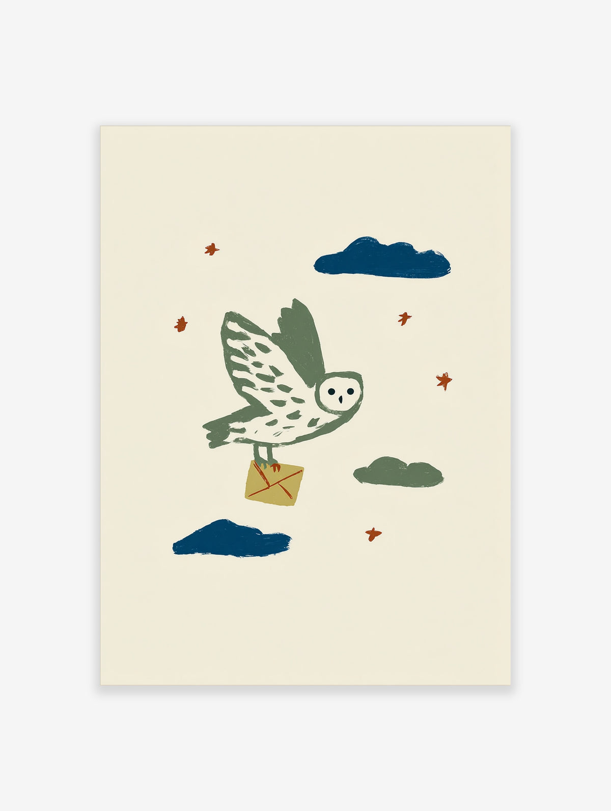 Green owl flying with tan envelope, cream background, navy and green clouds, red stars