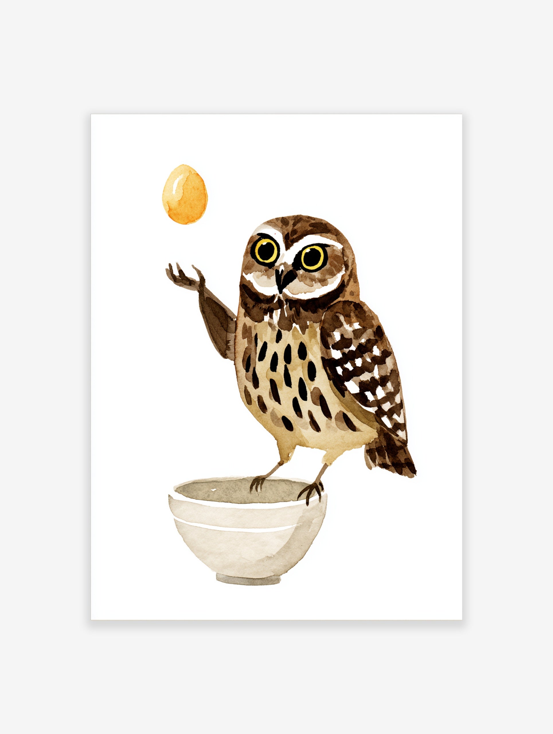 Illustrated wall art print of a brown speckled owl balancing a golden egg above a white bowl on a white background