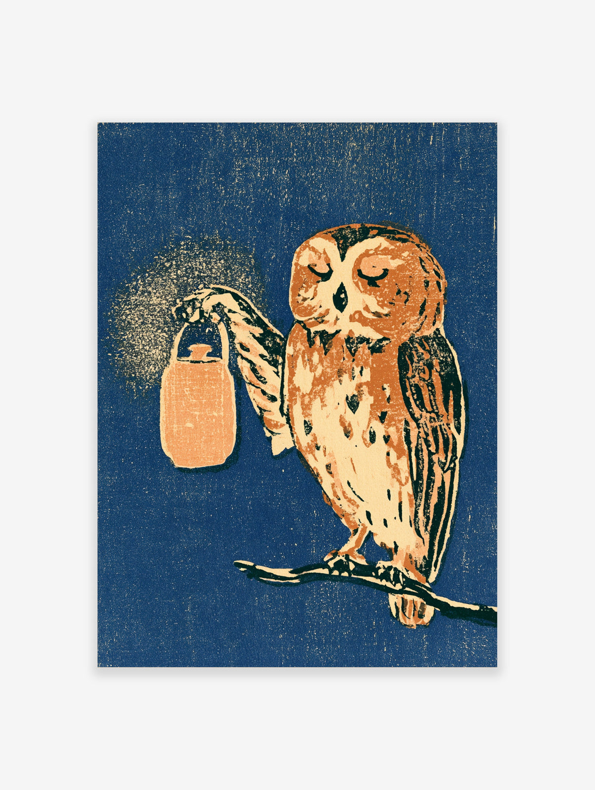 Owl with lantern poster in blue and orange, perched on a branch with a textured background