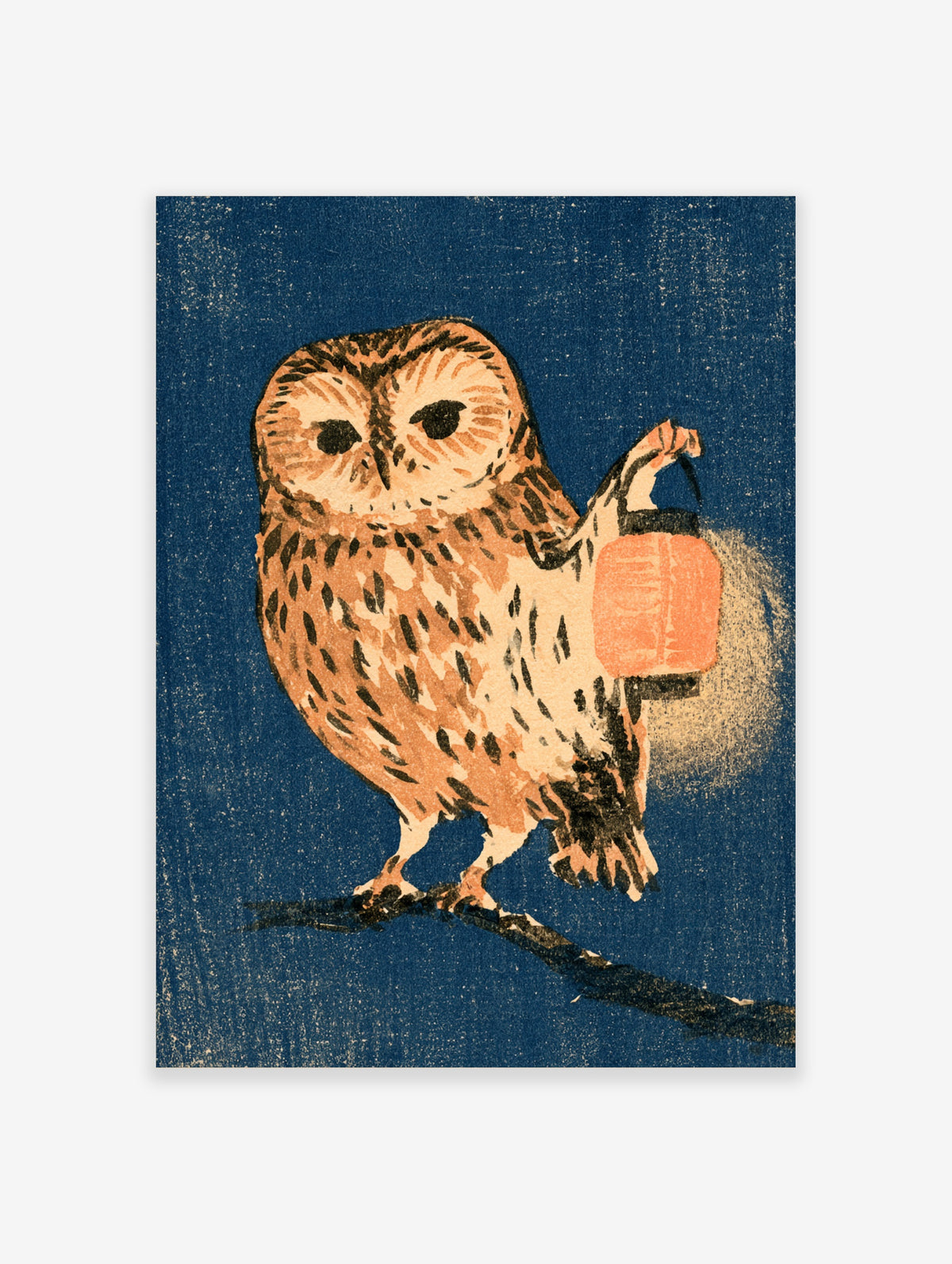 Owl with lantern poster showing perched bird holding orange lamp on branch against deep blue background