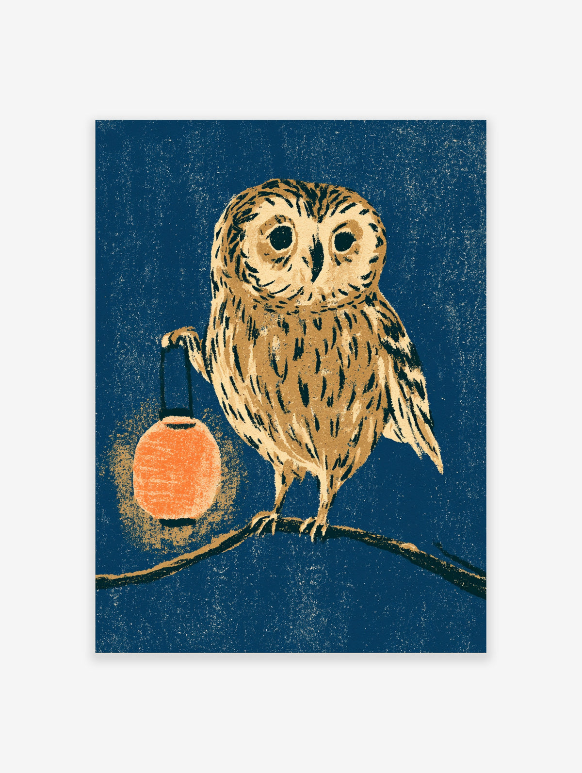 Owl with lantern poster on navy blue background, illustrated bird art print