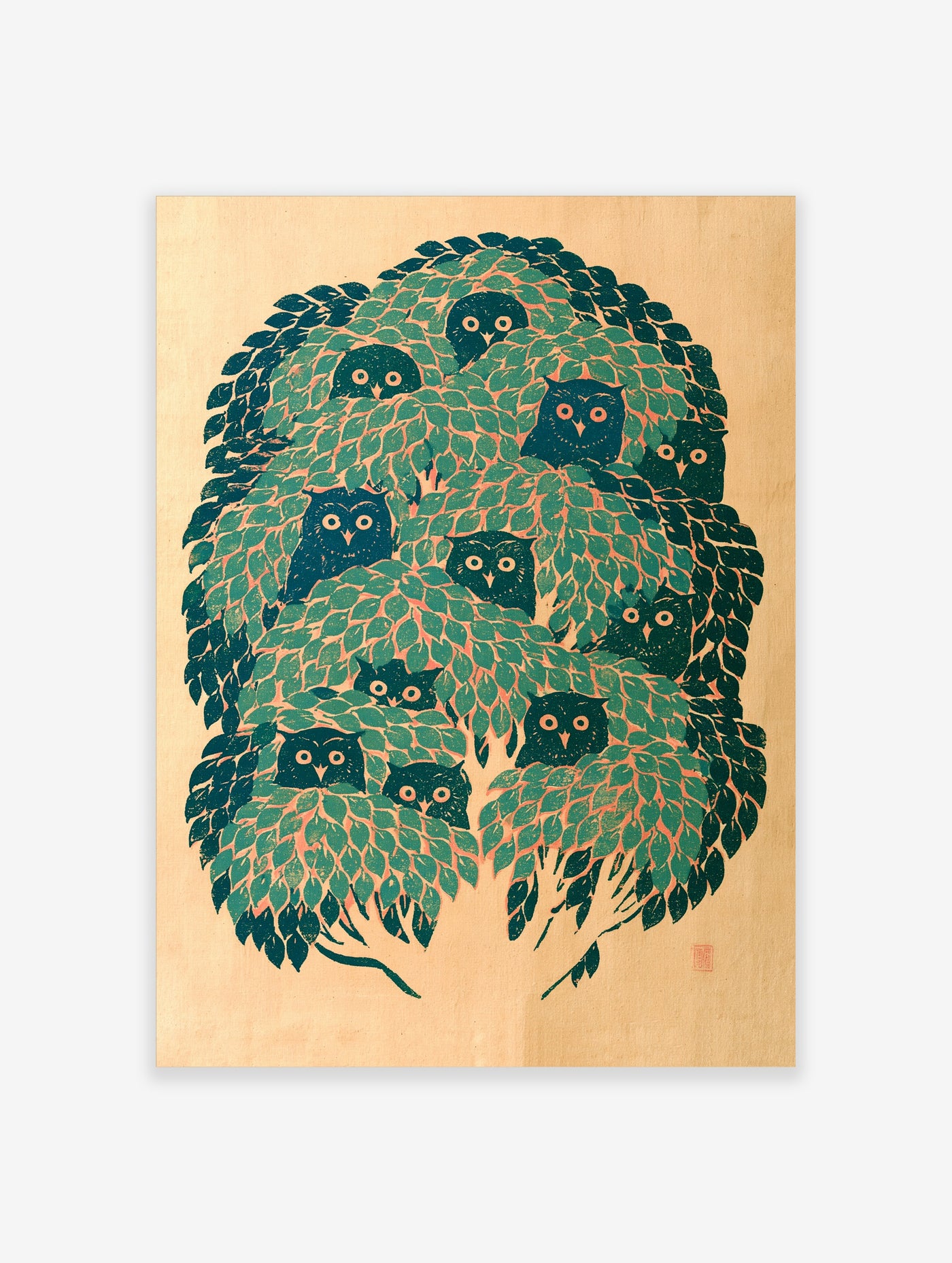 Illustrated tree with green leaves and eleven dark teal owls on beige background, unframed wall art print