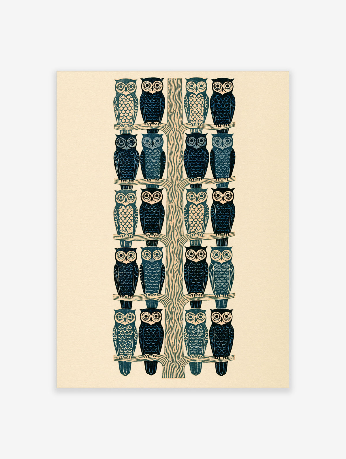 Illustrated owl wall art with 20 blue and cream owls on a tree, beige background
