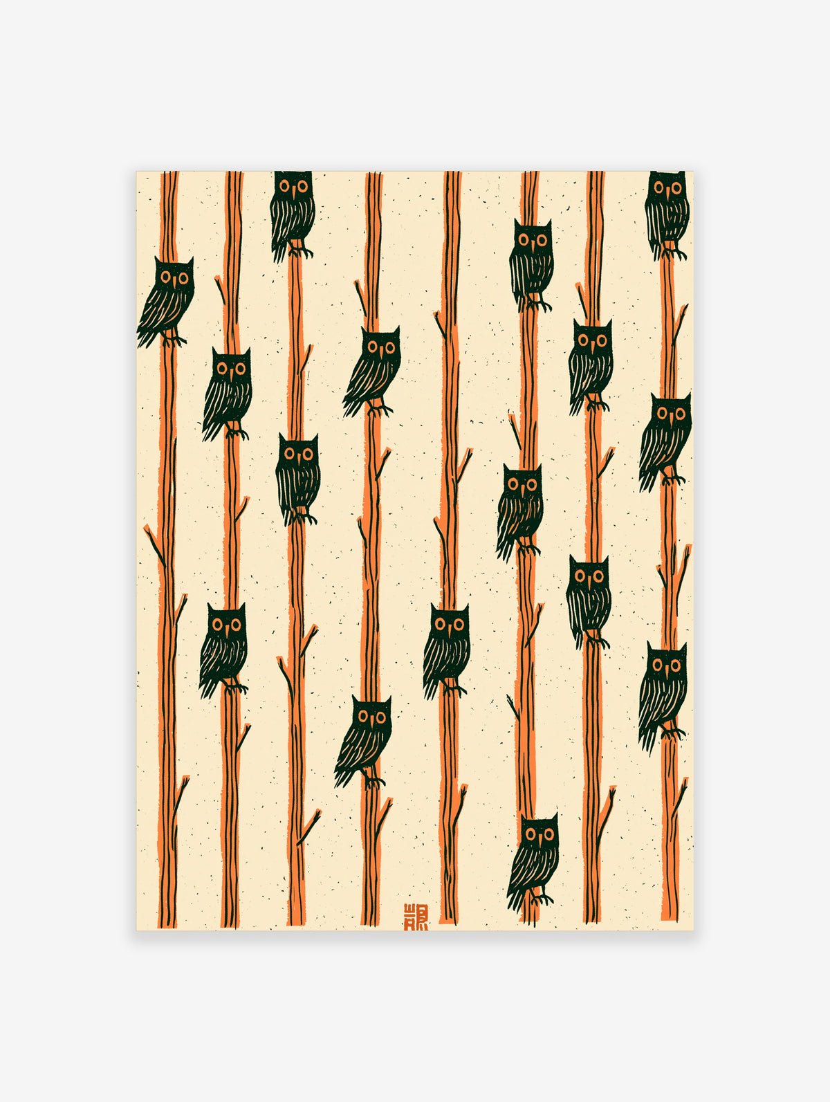 Dark green owls perched on orange tree trunks against cream background, woodland illustration print