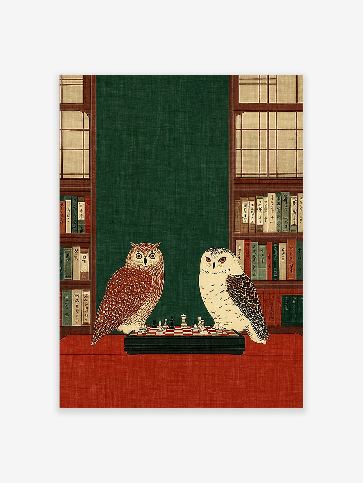 Illustrative print of a tawny owl and a white owl playing chess on a red table, flanked by bookshelves