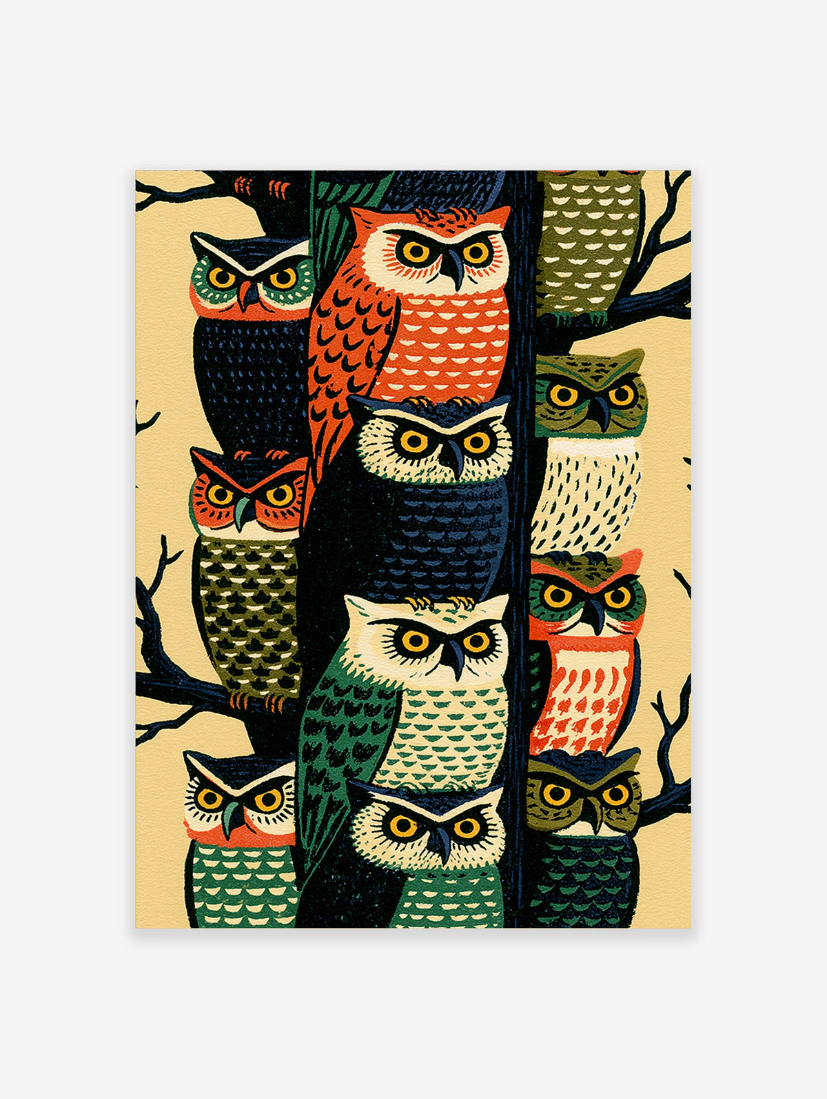 Colourful owl illustration print with stacked owls in green, orange, blue on branches
