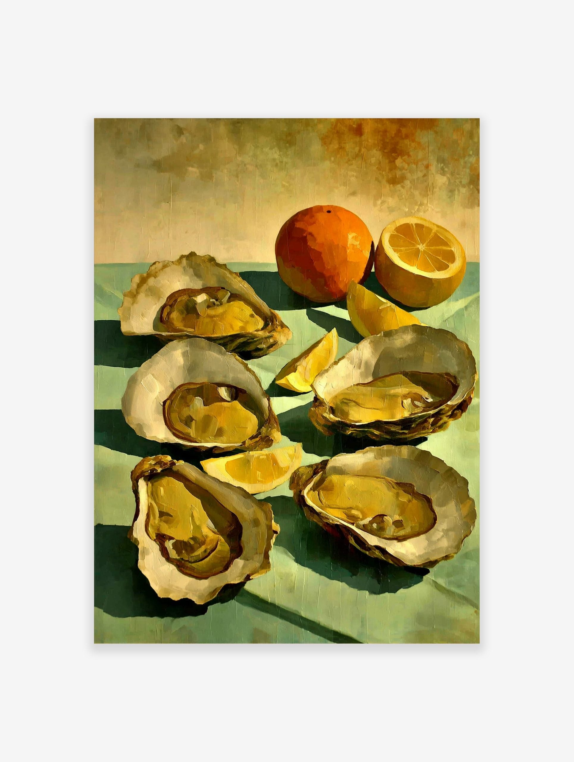 Still life painting of five golden oysters, a whole orange, and lemon slices on a teal surface