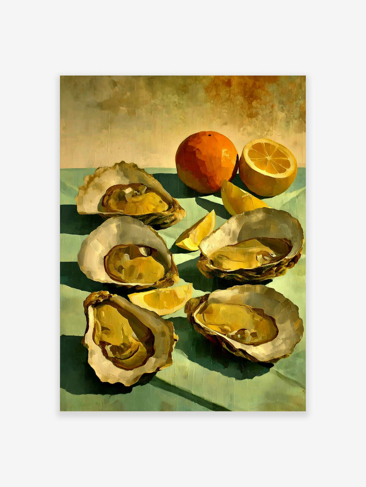 Still life painting of five golden oysters, a whole orange, and lemon slices on a teal surface