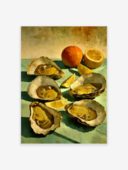 Still life painting of five golden oysters, a whole orange, and lemon slices on a teal surface