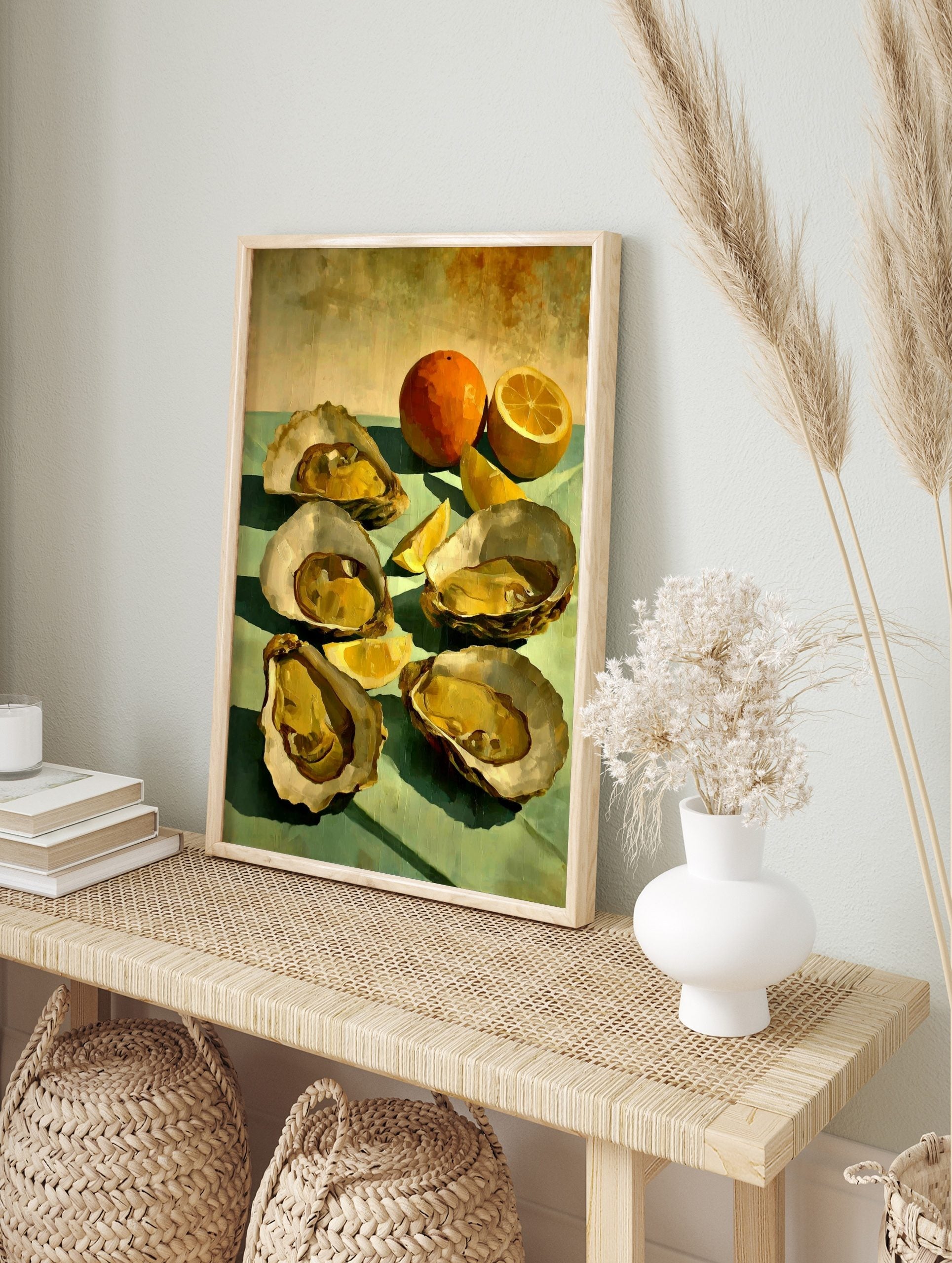 Still life painting of five golden oysters, a whole orange, and lemon slices on a teal surface, in an alternate framed mockup