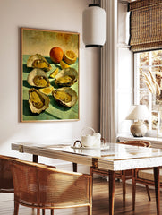 Still life painting of five golden oysters, a whole orange, and lemon slices on a teal surface, in a styled room mockup