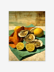Painterly still life of oysters on the half shell and lemons on teal and orange cloths