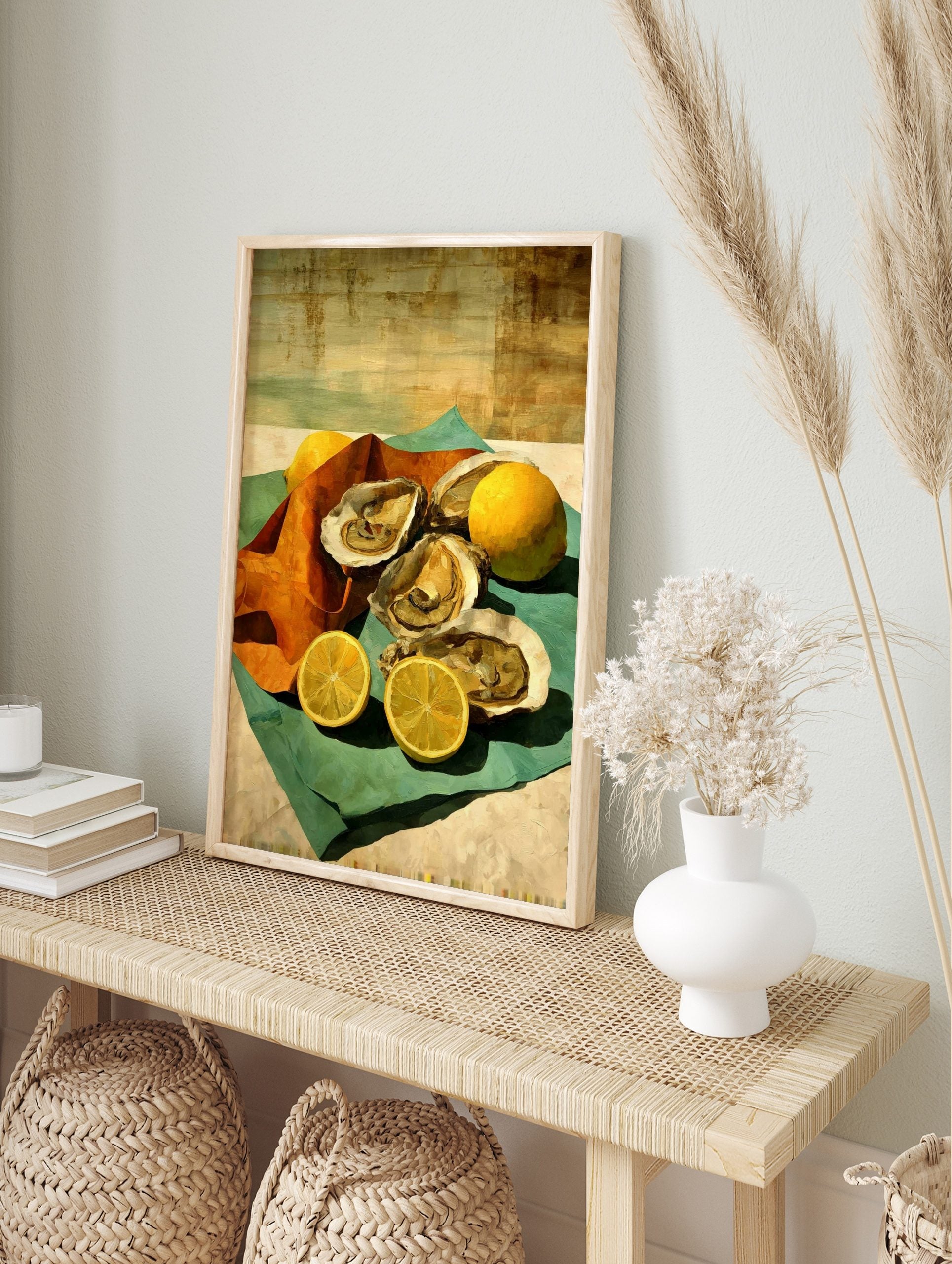 Painterly still life of oysters on the half shell and lemons on teal and orange cloths, in an alternate framed mockup