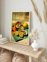 Painterly still life of oysters on the half shell and lemons on teal and orange cloths, in an alternate framed mockup