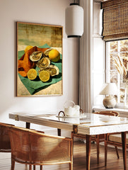 Painterly still life of oysters on the half shell and lemons on teal and orange cloths, in a styled room mockup