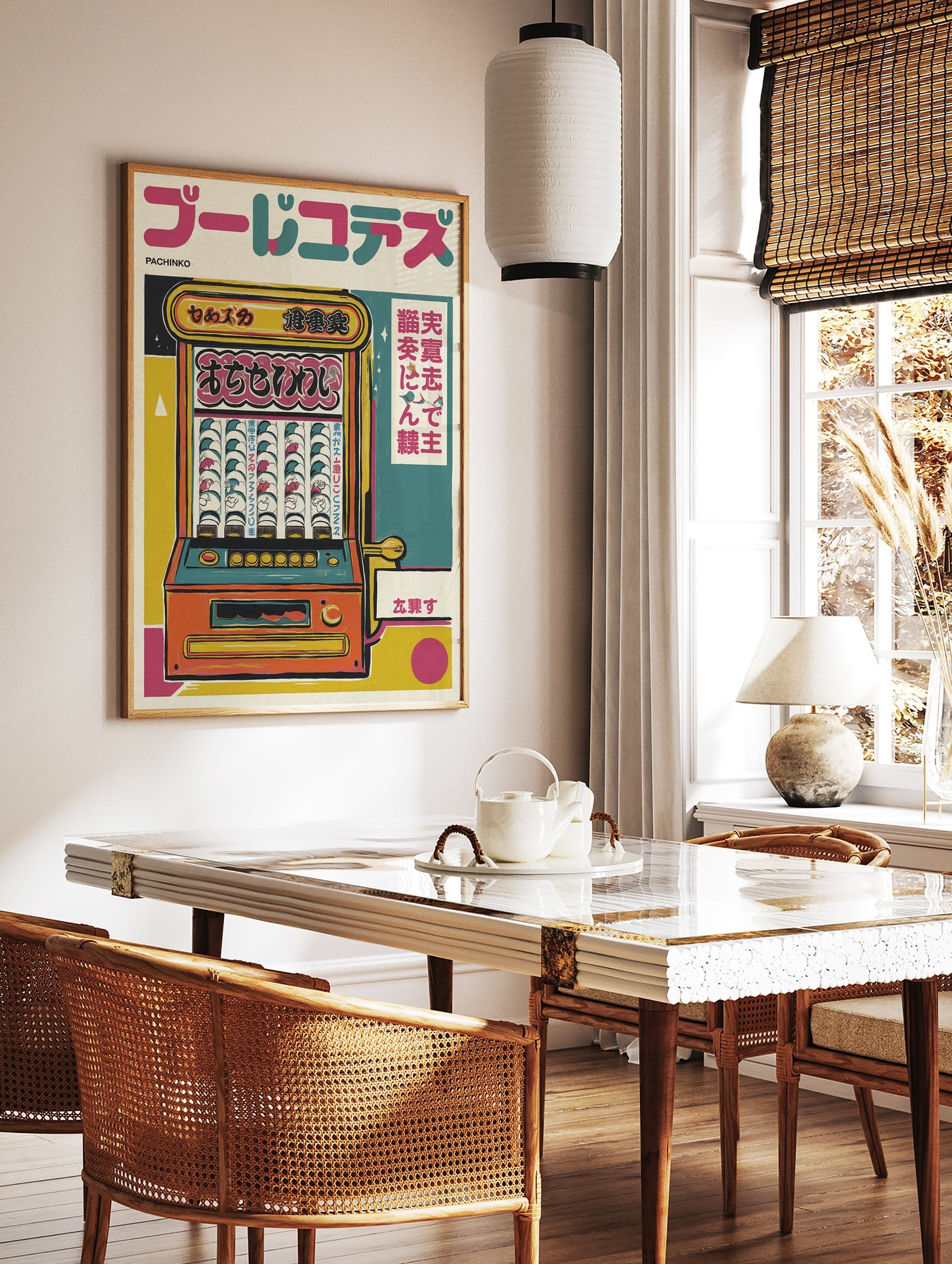 Illustrated retro Japanese Pachinko poster featuring a colorful arcade game machine with Japanese text on a cream background. - Image 2