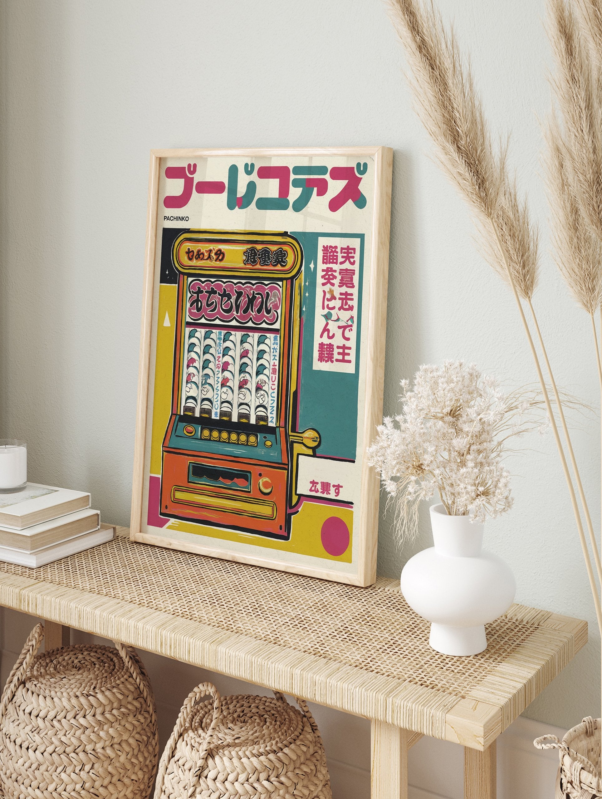 Illustrated retro Japanese Pachinko poster featuring a colorful arcade game machine with Japanese text on a cream background. - Image 4