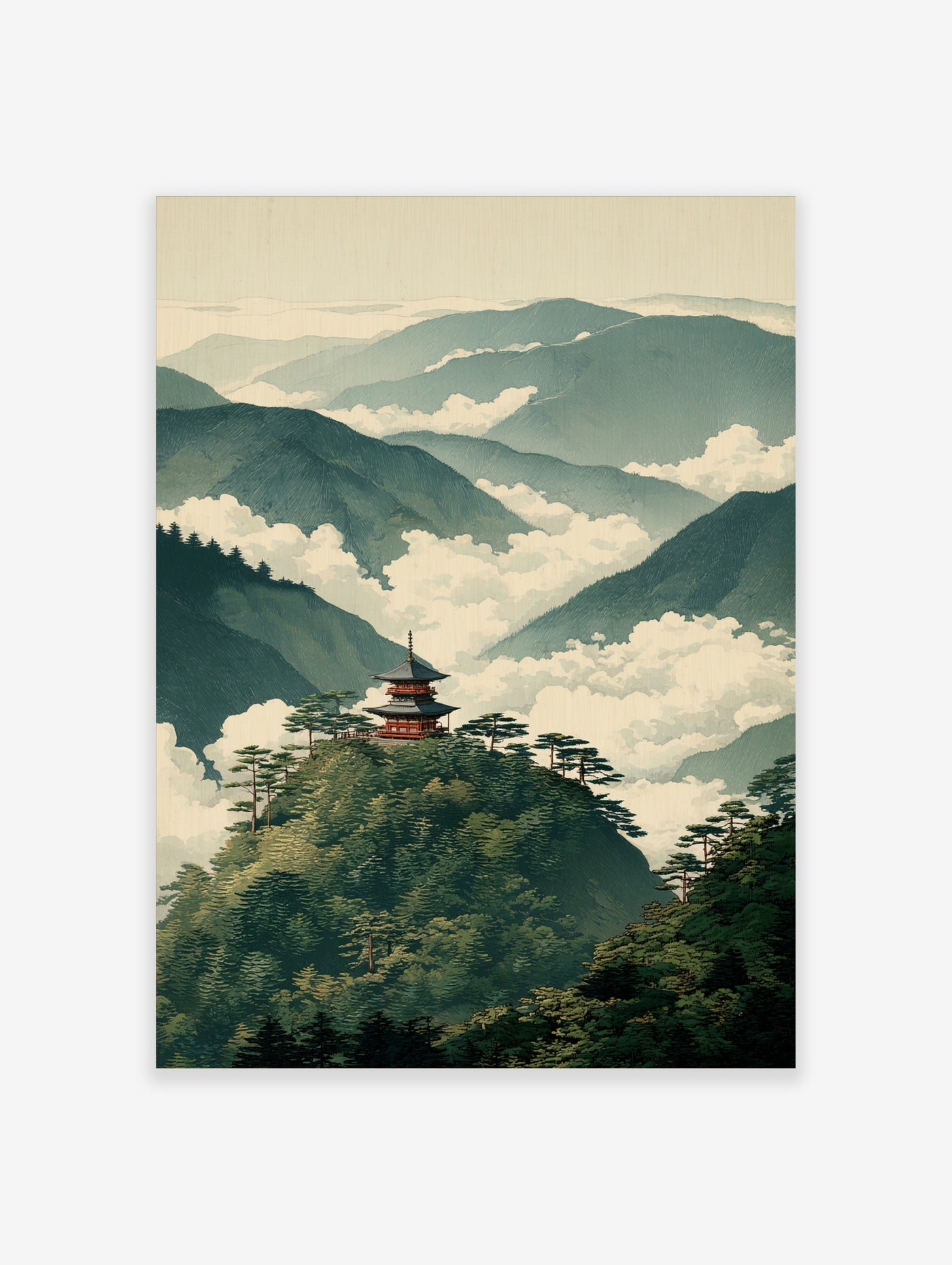 Pagoda on green mountain with white clouds, Japanese landscape art print