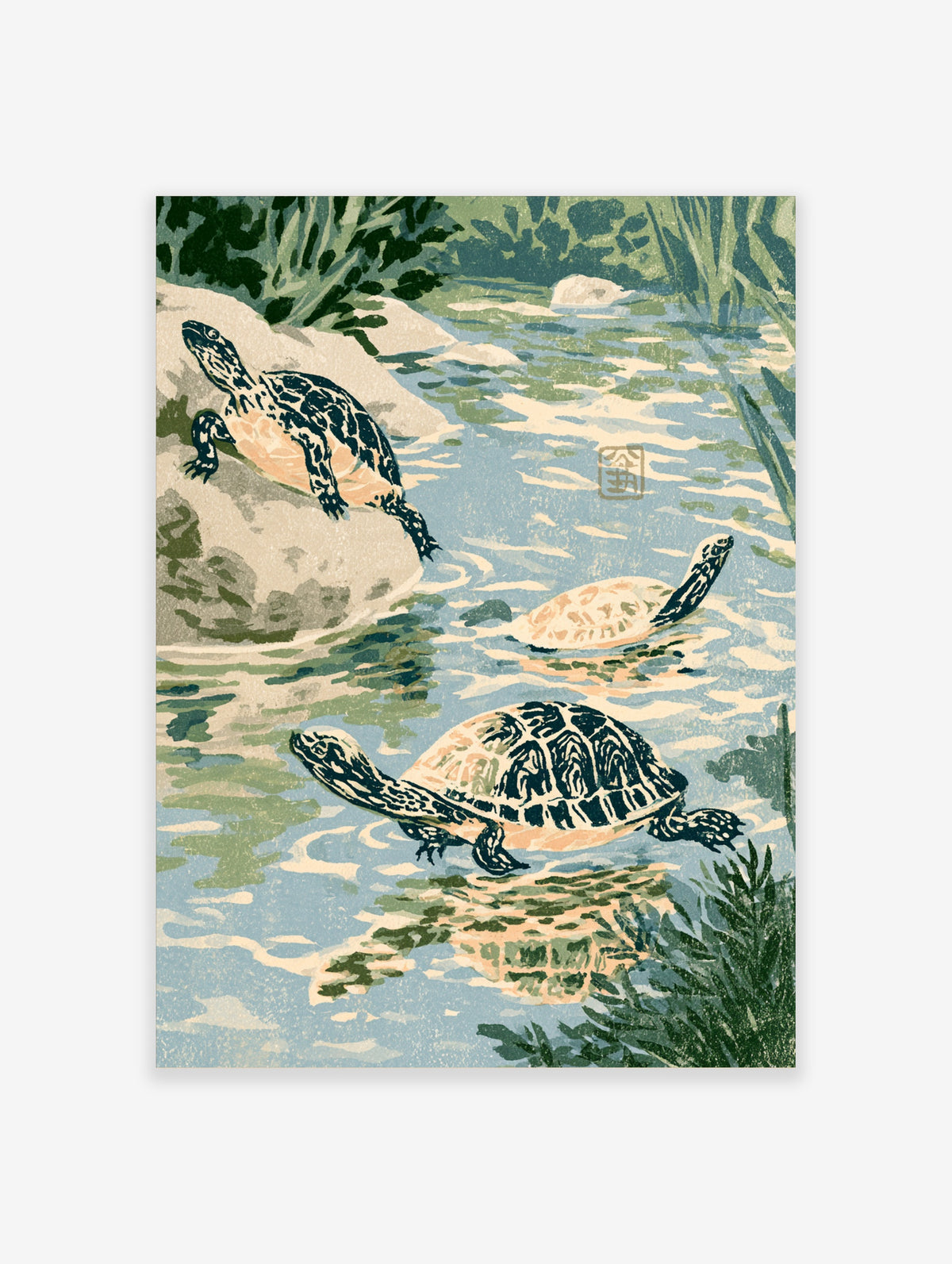 Japanese woodblock style painted turtle art print with three turtles in a blue pond and green reeds