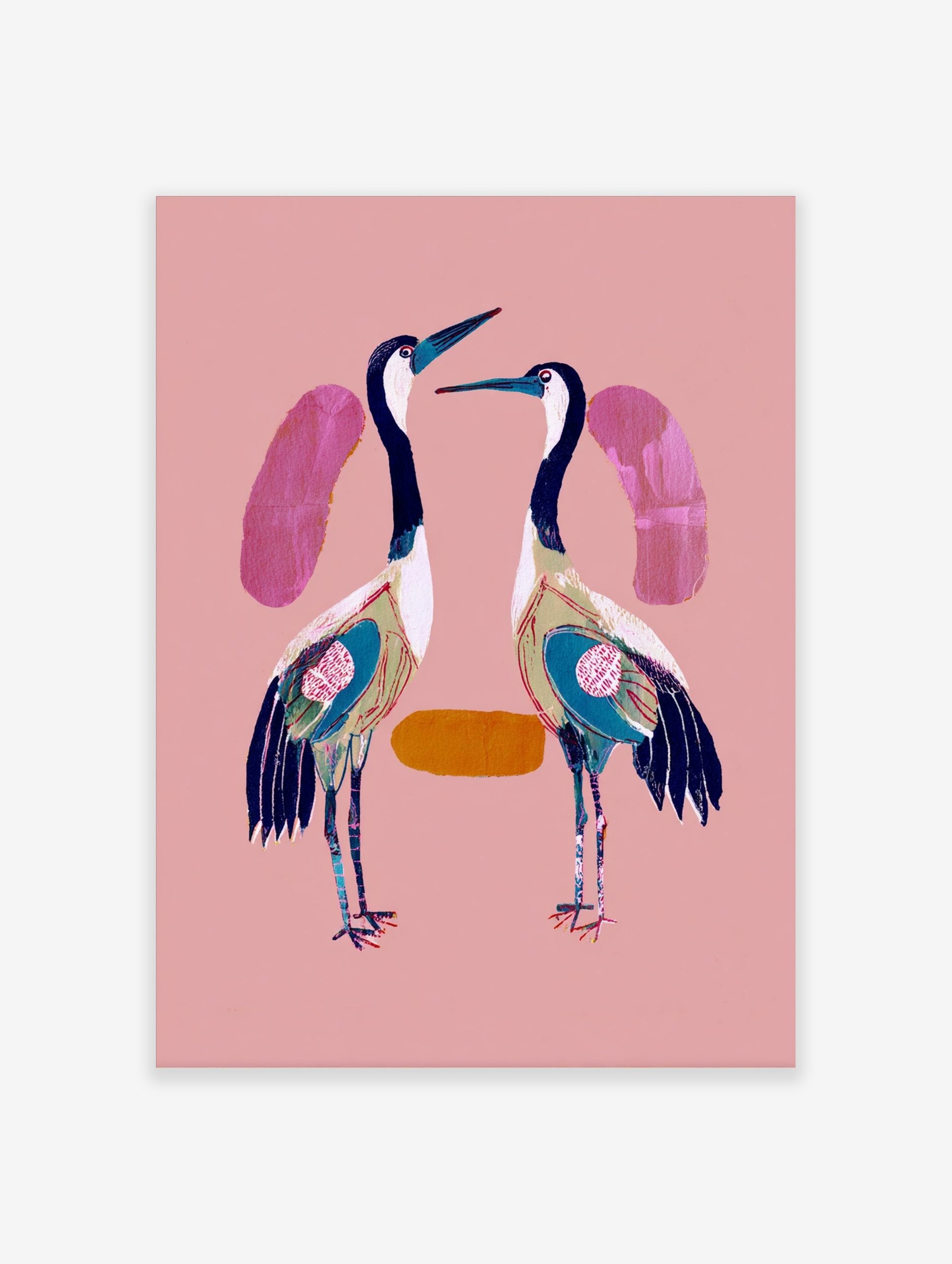 Two stylised cranes with navy, white, teal plumage on a pink background, facing each other
