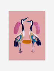 Two stylised cranes with navy, white, teal plumage on a pink background, facing each other