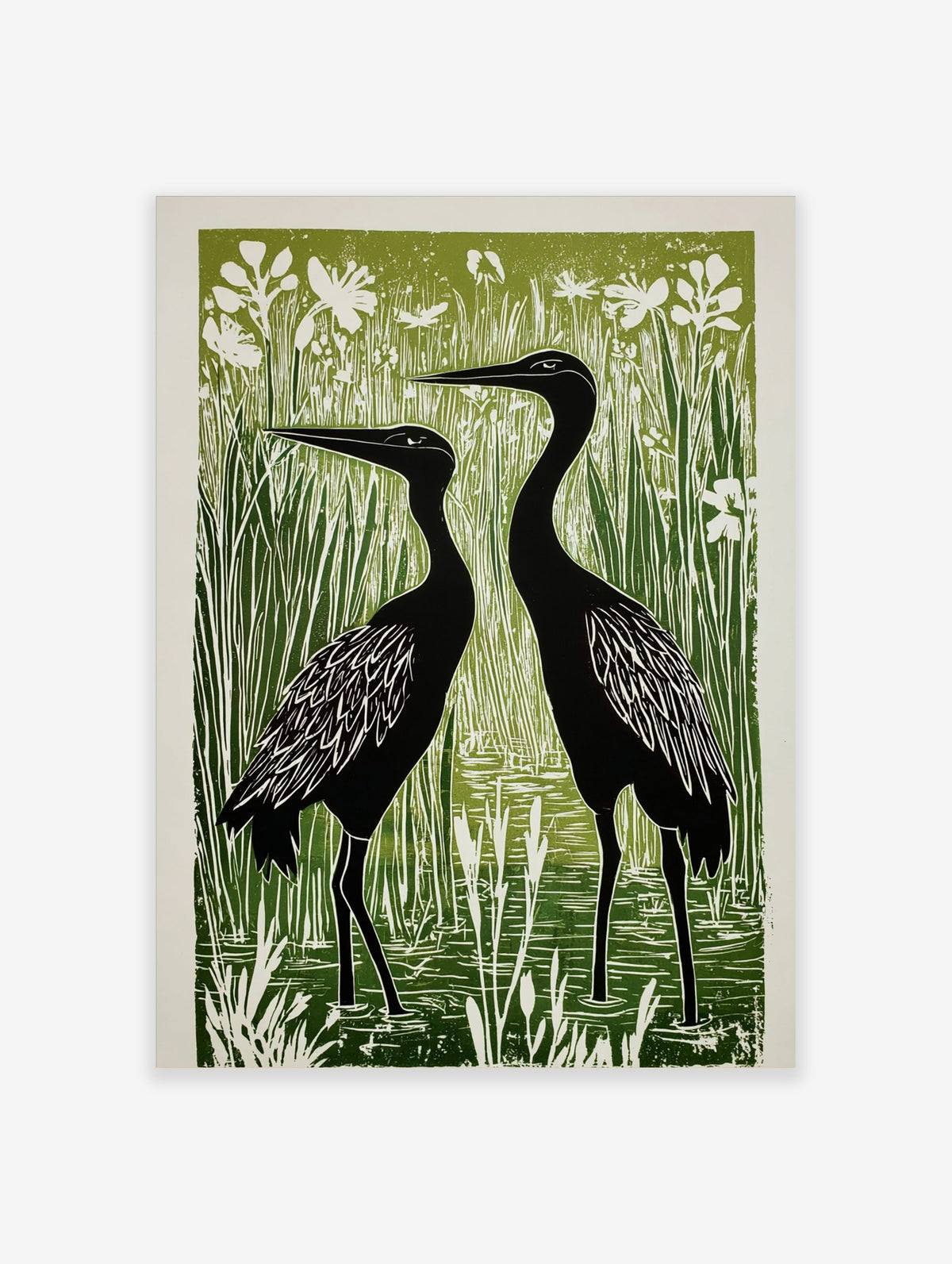 Linocut style art print of two black cranes standing in green reeds with white flowers and water