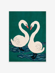 Two white swans with pink beaks form a heart shape against a teal-green background with blue water ripples