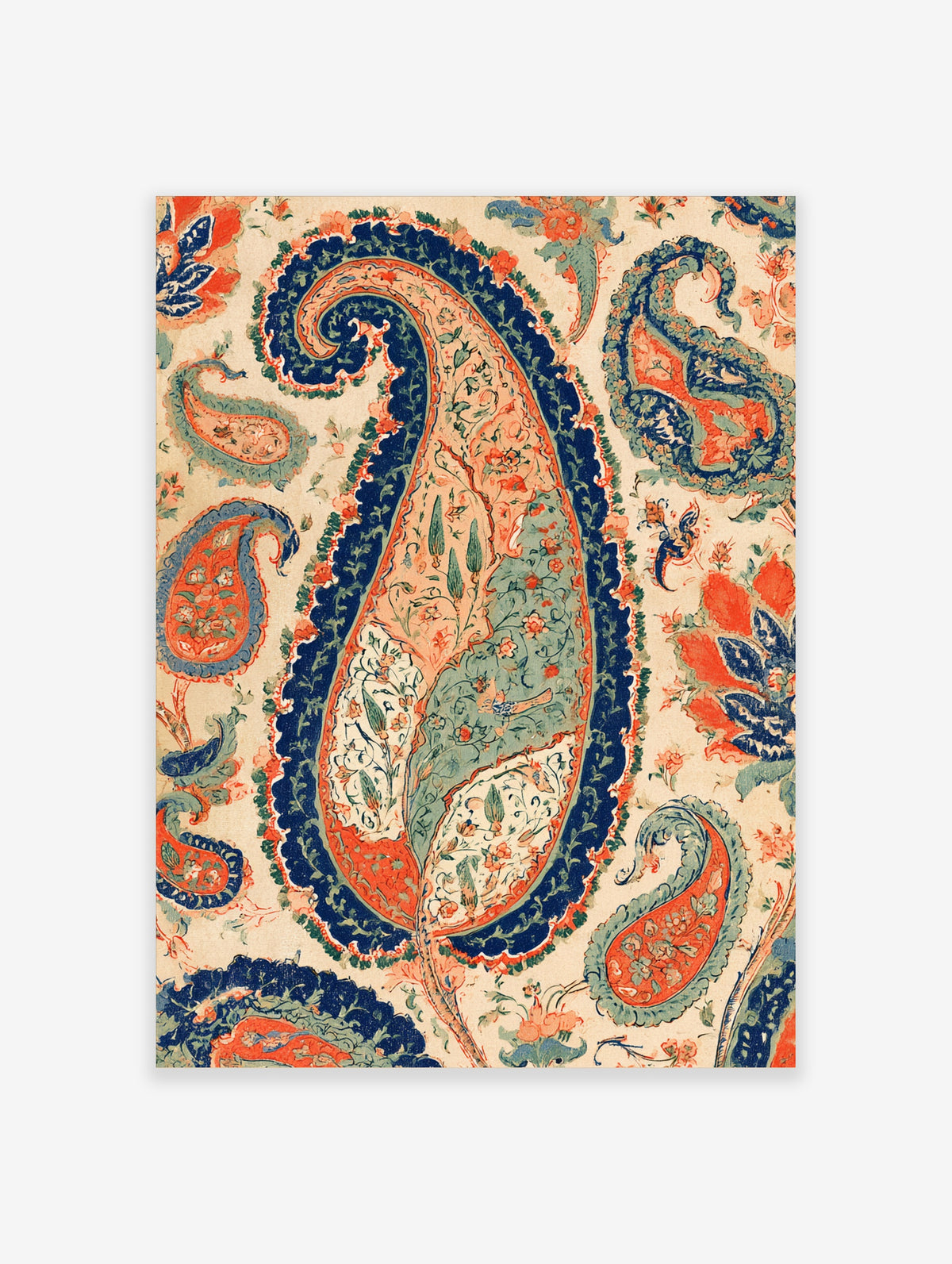 Ornate paisley pattern art print with floral vines and teardrop motifs in cream, blue, and coral