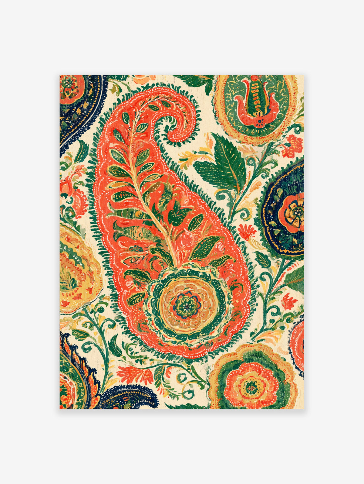 Ornate paisley pattern art print with red and green floral motif on cream background