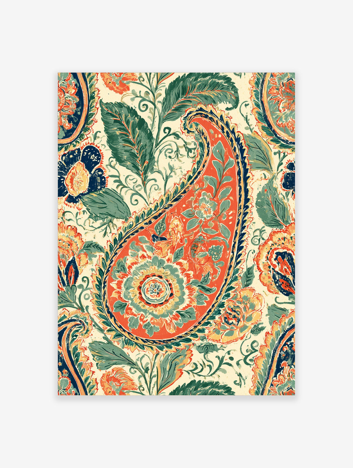 Ornate paisley floral pattern art print with red teardrop motif, green leaves, and cream background