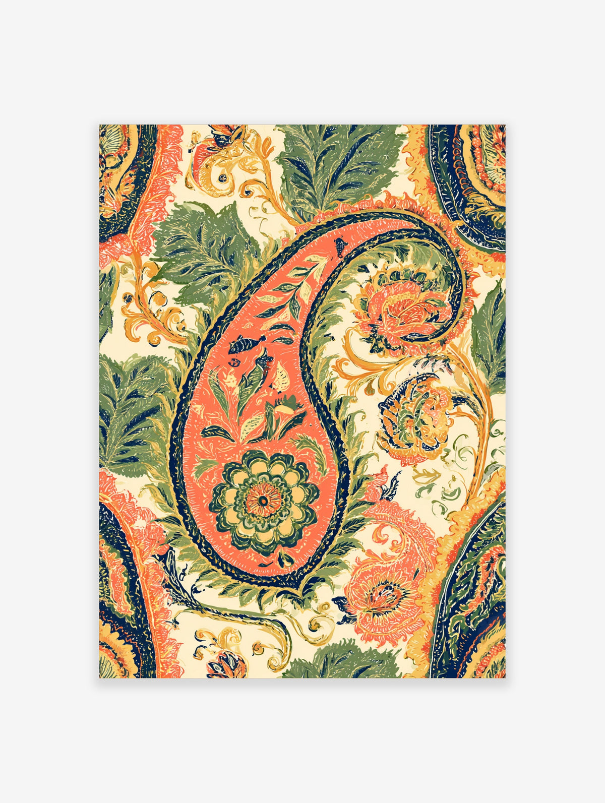 Paisley wall art print with coral teardrop motif, green leaves, and flowers on cream background