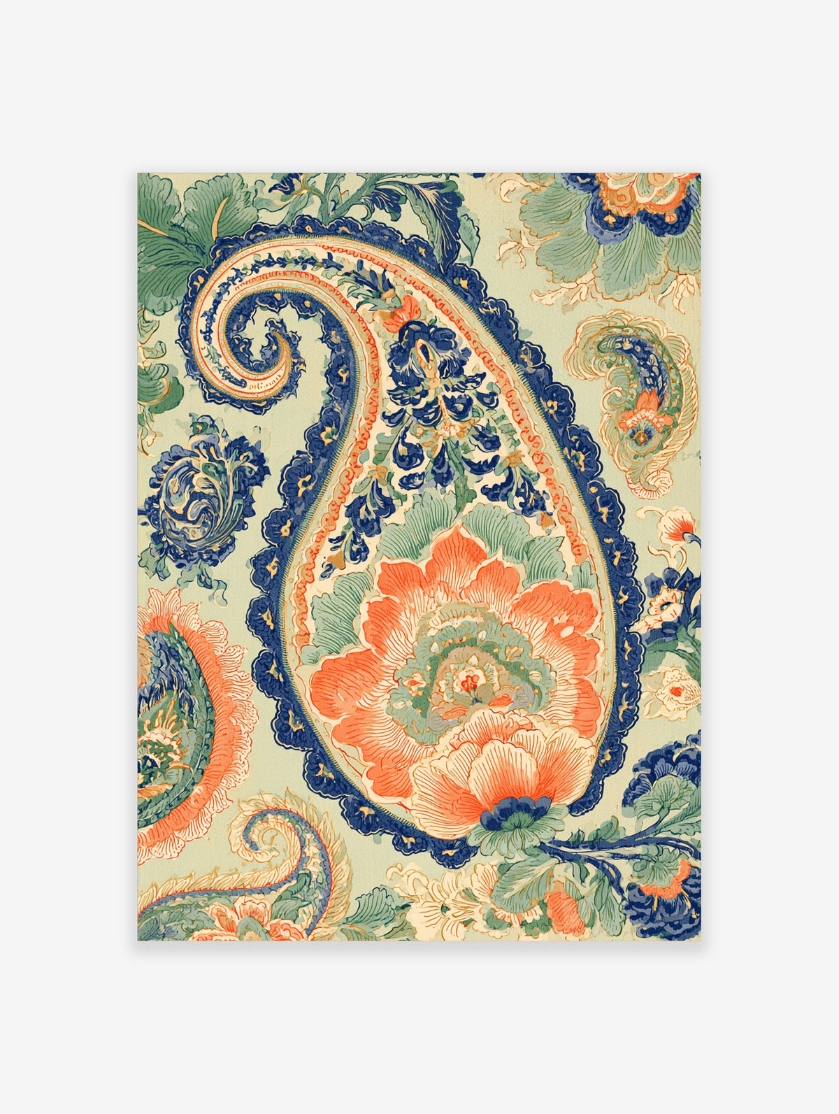 Paisley pattern art print with coral flowers, navy foliage, and sage leaves on cream background