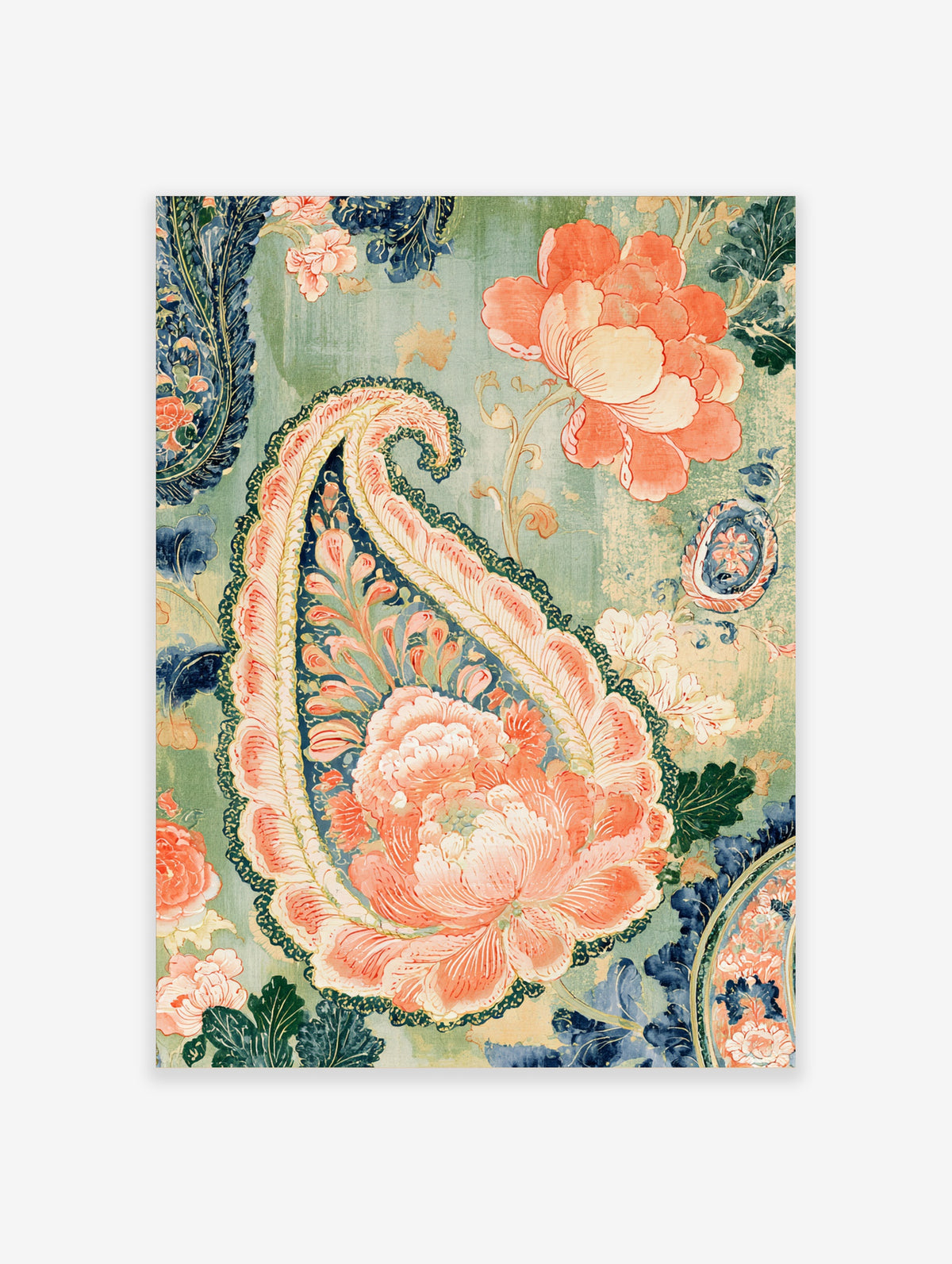 Ornate paisley art print with pink peony and teal floral border on green background
