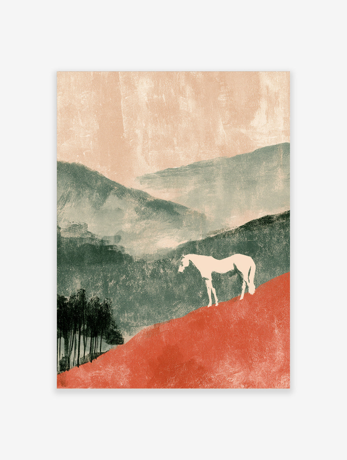 Minimalist landscape art print of a pale horse on a red hill with green mountains and peach sky