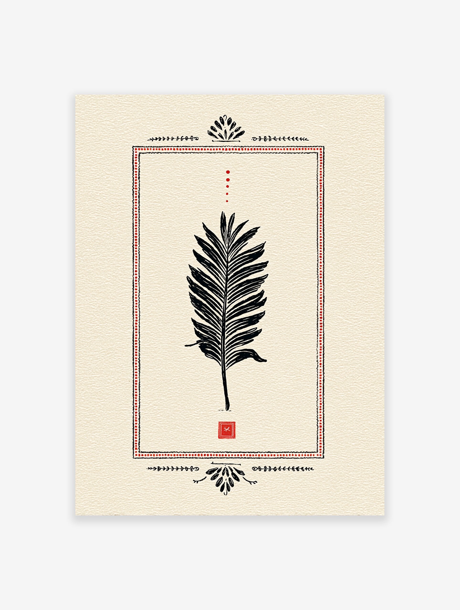 Palm leaf poster with black illustration, red dotted border, and Indian-inspired decorative elements on a cream background.