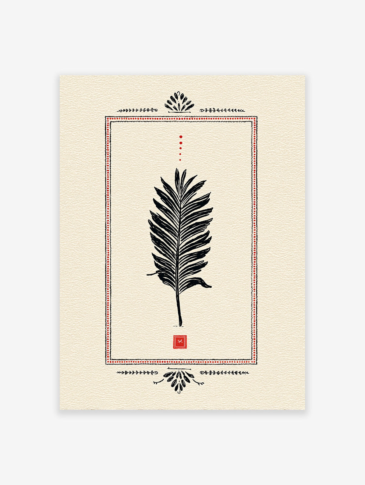 Palm leaf poster with black illustration, red dotted border, and Indian-inspired decorative elements on a cream background.
