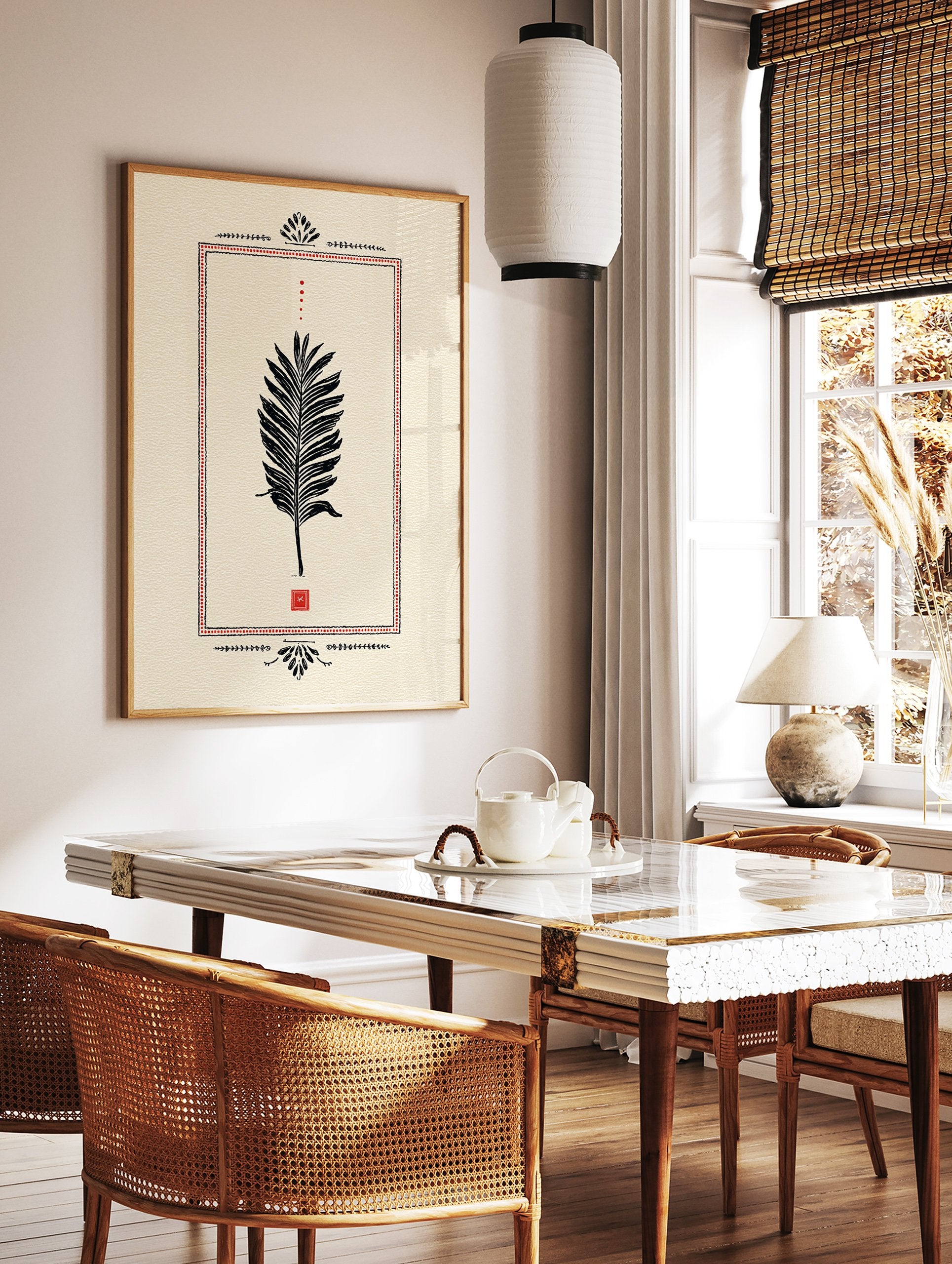 Palm leaf poster with black illustration, red dotted border, and Indian-inspired decorative elements on a cream background. - Image 2