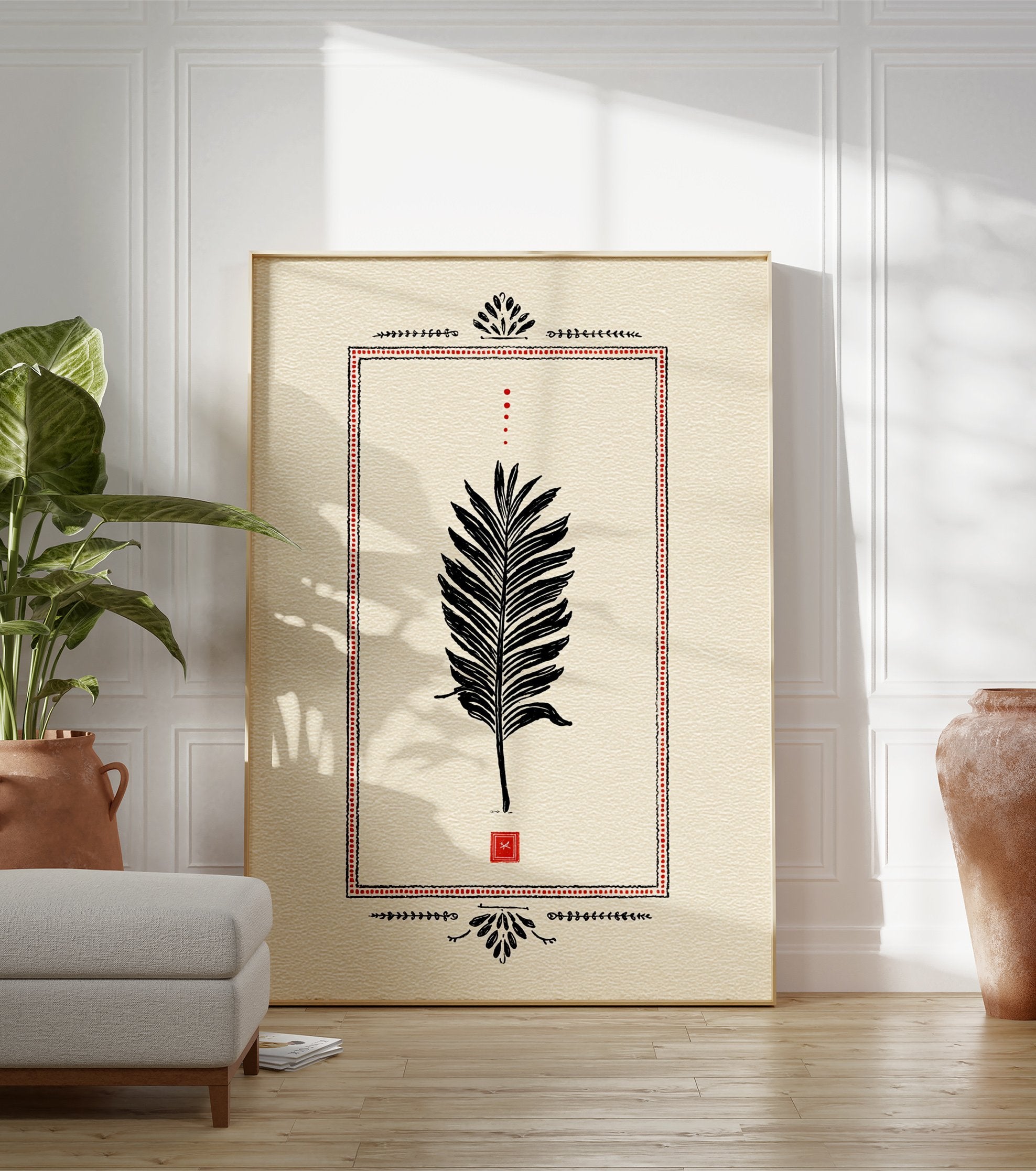 Palm leaf poster with black illustration, red dotted border, and Indian-inspired decorative elements on a cream background. - Image 3