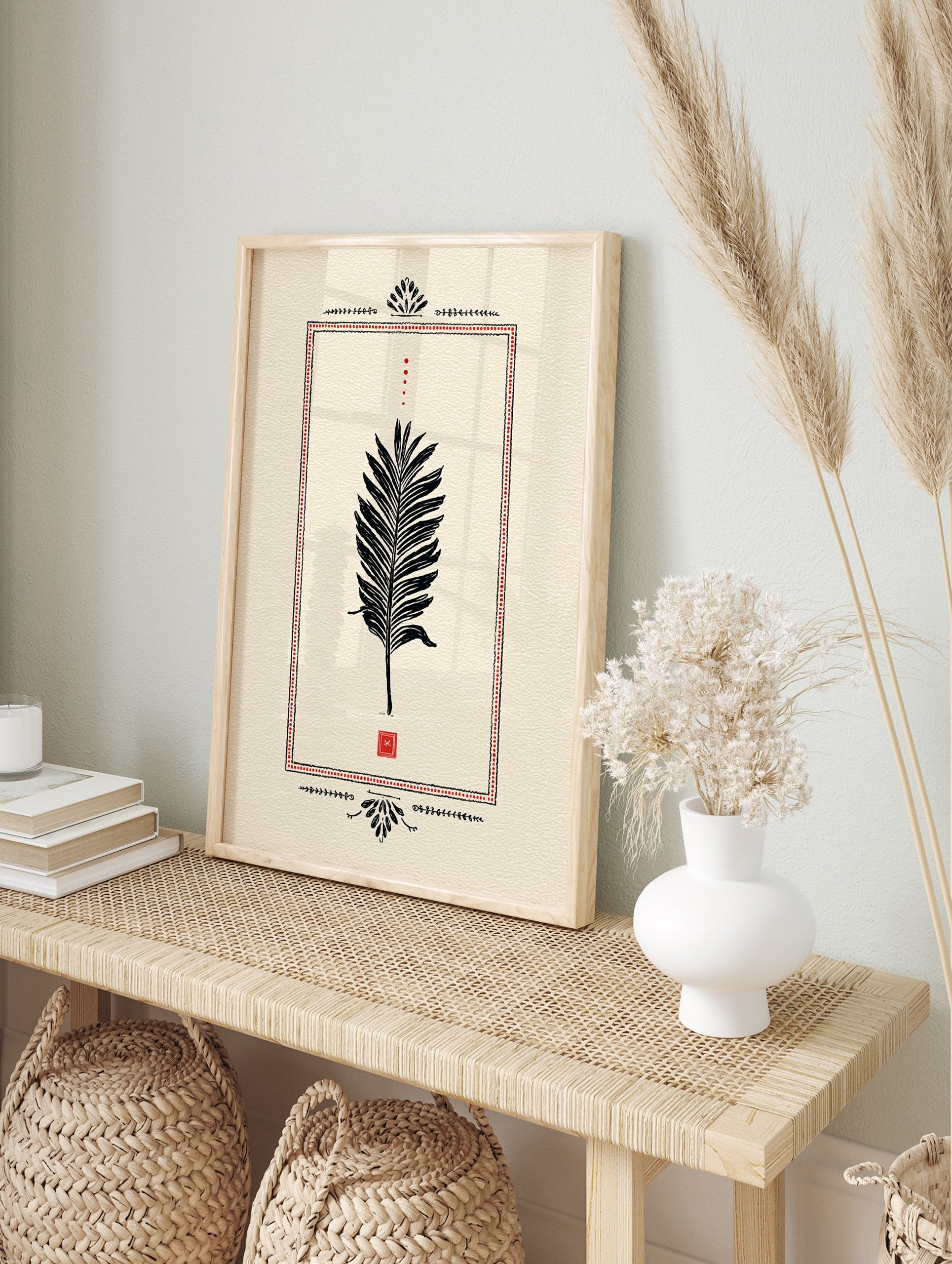 Palm leaf poster with black illustration, red dotted border, and Indian-inspired decorative elements on a cream background. - Image 4
