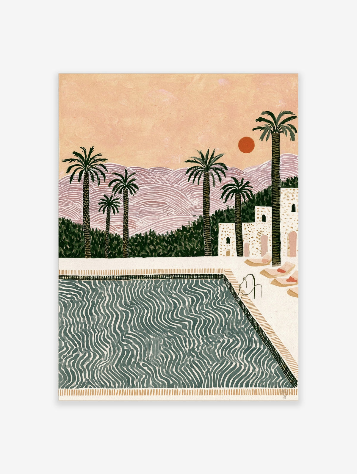 Palm Springs pool print with palm trees, striped mountains, terracotta sun, and green pool water