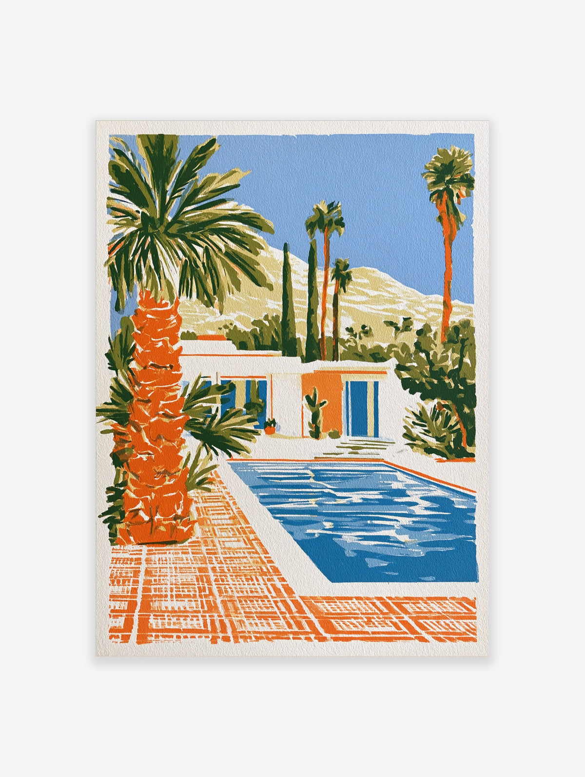 Illustrative art print of a modern desert house with a swimming pool, palm trees, and mountains in a bright, warm palette