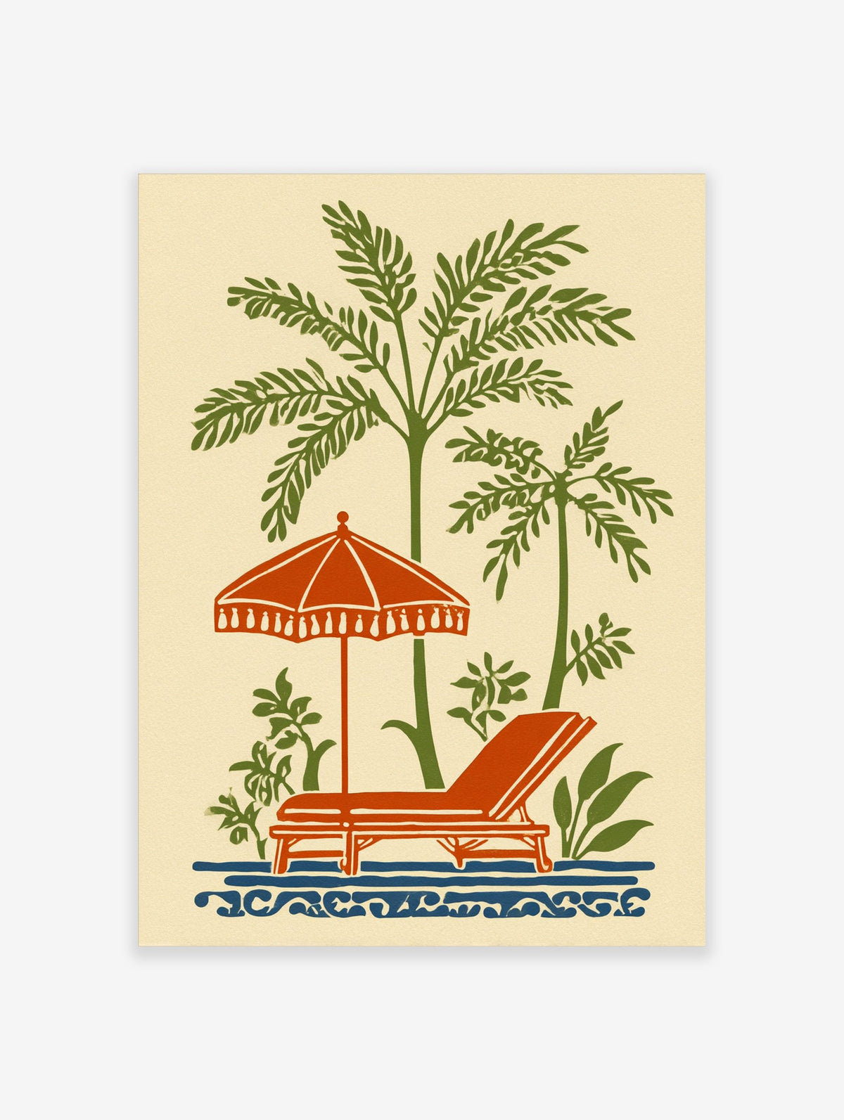 Vintage illustration of green palm trees, orange beach umbrella, lounge chair, and blue waves on a cream background