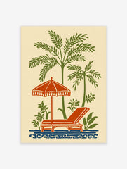 Vintage illustration of green palm trees, orange beach umbrella, lounge chair, and blue waves on a cream background