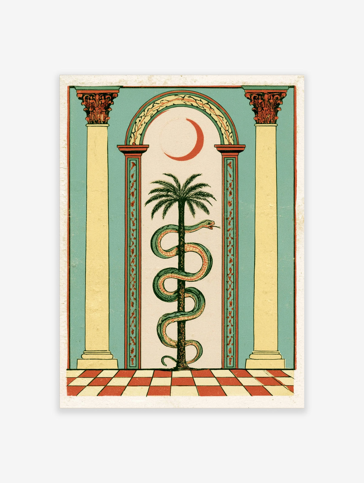 Green snake coiled around a palm tree under a red crescent moon, framed by teal columns and a checkered floor