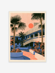 Retro architectural illustration featuring palm trees, a modernist building, and a bright orange sun in a peach sky