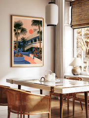 Retro architectural illustration featuring palm trees, a modernist building, and a bright orange, in a styled room mockup