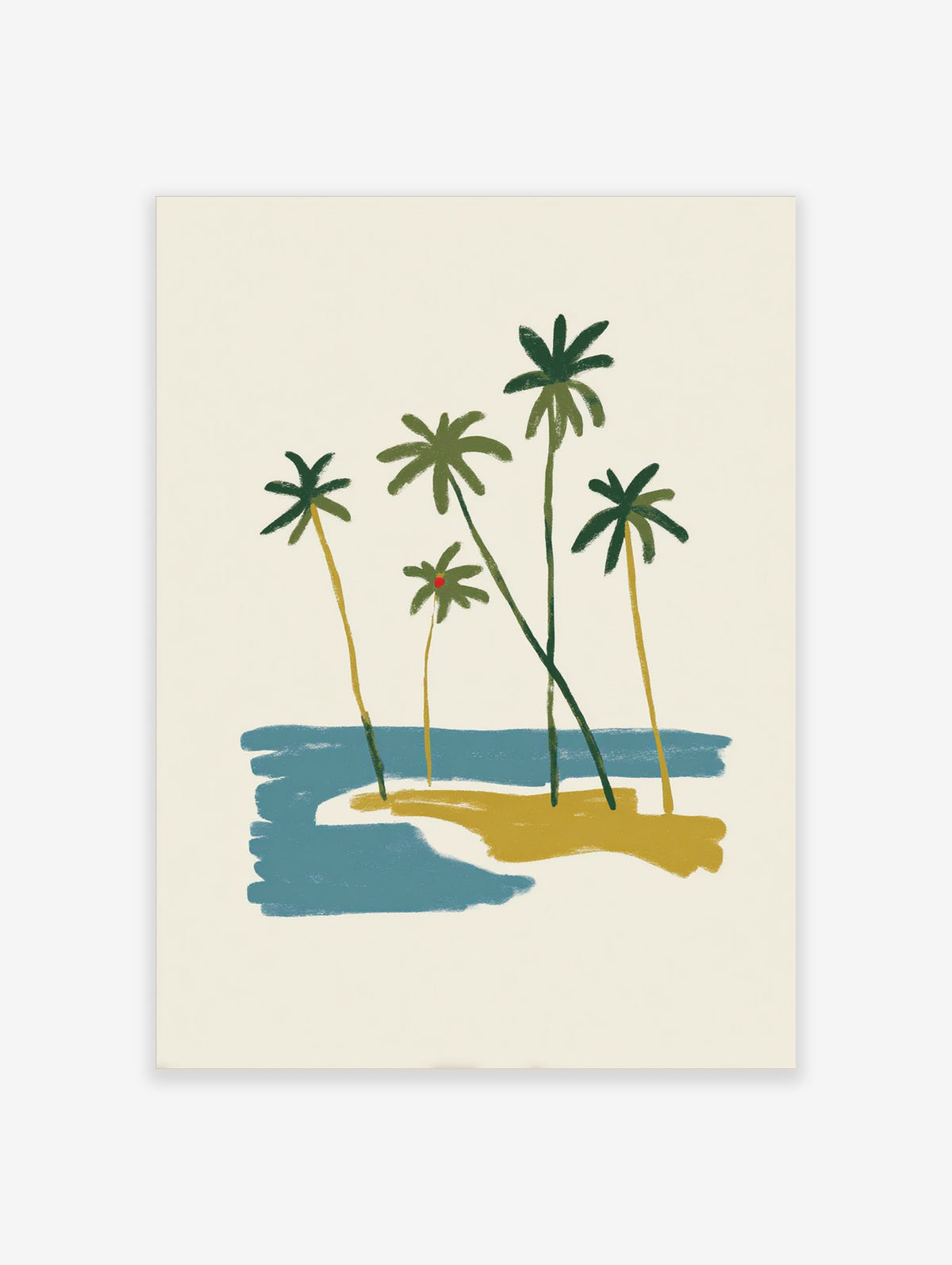 Stylised palm tree beach art print with five palms on a sandy shore and blue water
