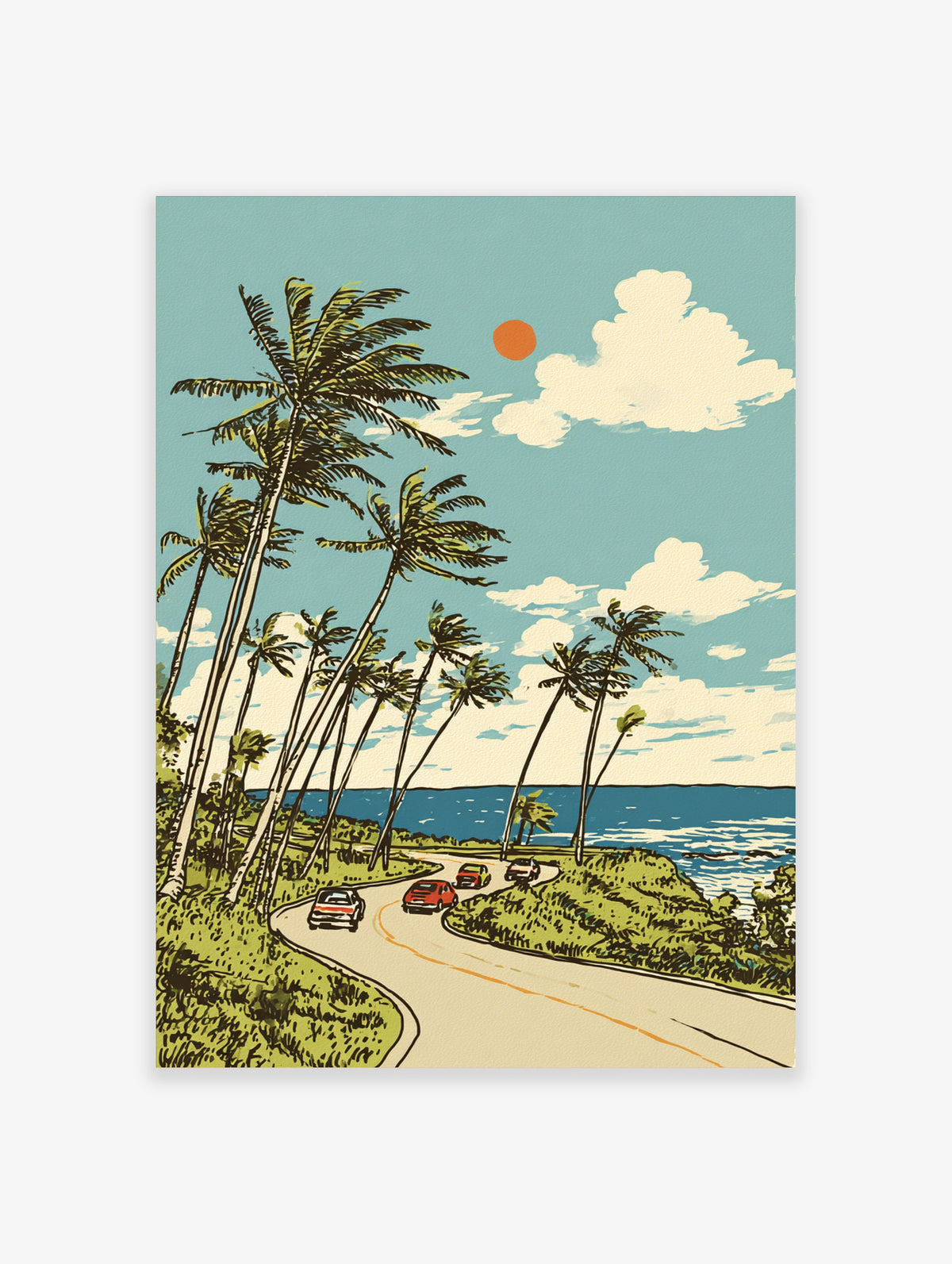 Retro coastal print with palm trees, winding road, cars, and blue ocean under sunny sky